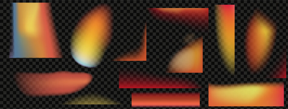 Kit of flim lights.Overlay leaks effect. Gradient bg filters with red and orange holo lens bokeh. At the transparent bg as a png