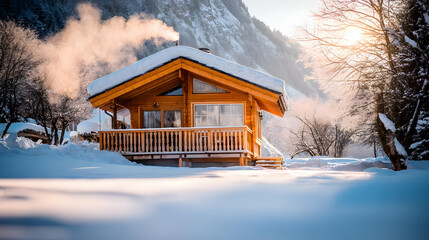 in the woods during winter with snow on the roof and smoke curling from the chimney
