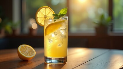 Lemonade with a slice of lemon and mint