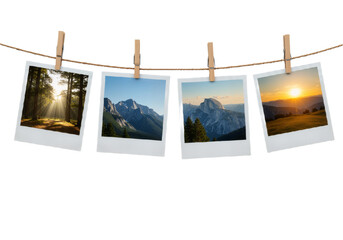 Four Polaroid-style photos clipped to a twine string with wooden clothespins isolated on a transparent background