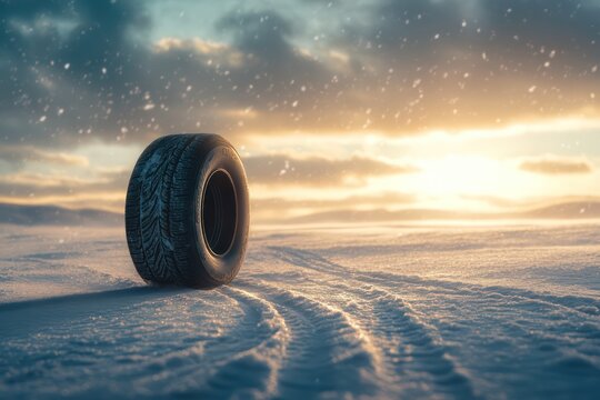 Winter Tire on Snow Road with Falling Snow and Sunlight