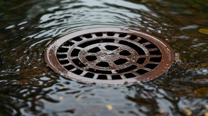 Circular metal drain cover in flowing water