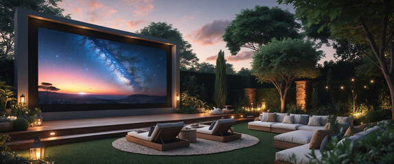 Luxurious outdoor home cinema experience with stargazing evening entertainment setting