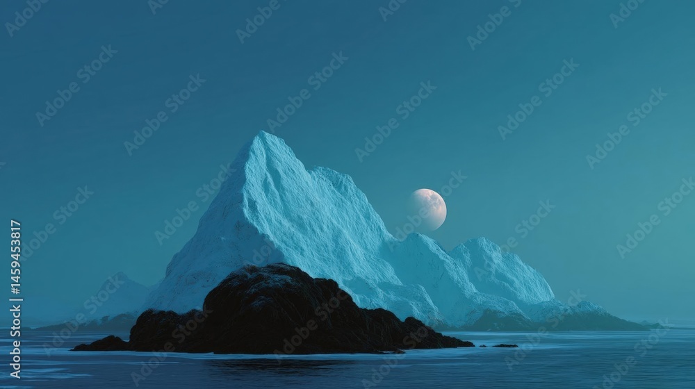 Poster digital illustration of a large iceberg floating in the ocean. the iceberg is in the center of the i