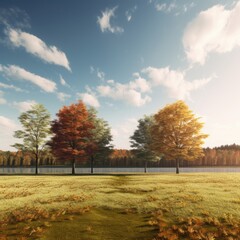 Fototapeta premium Vibrant autumn landscape with colorful trees along a serene riverbank under a clear blue sky