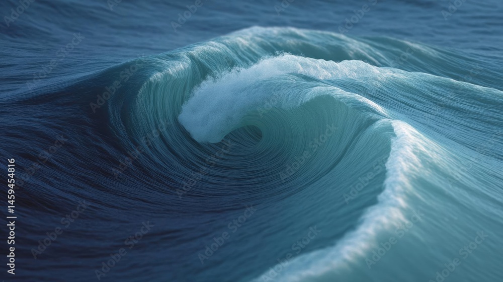 Poster close-up of a large wave breaking in the ocean. the wave is a deep blue color and is curving towards