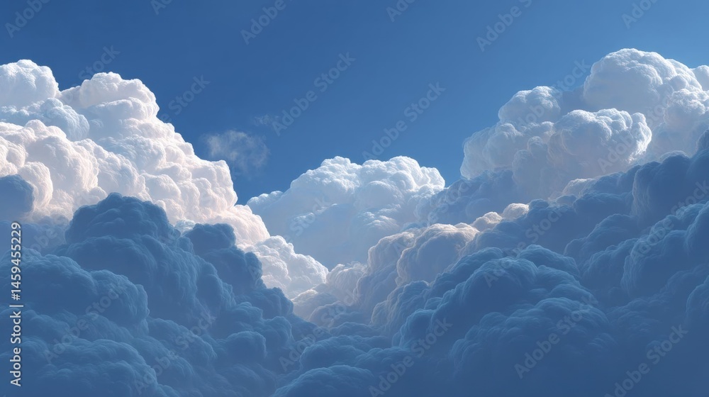 Poster close-up of a group of fluffy white clouds against a deep blue sky. the clouds are of different size