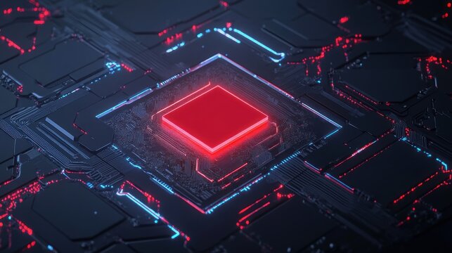 Cybernetic Core: A Glowing Red Square CPU in Futuristic Circuitry