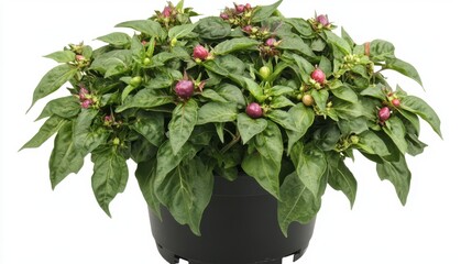 One vibrant capsicum plant showing both green and red fruits, neatly potted.