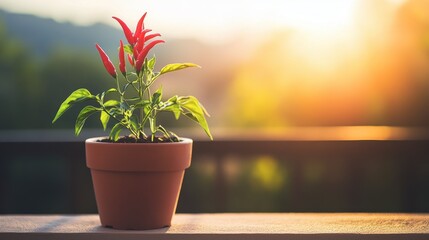 One vibrant red chili pepper plant growing in a minimal modern pot on a balcony background.