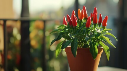 One vibrant red chili pepper plant growing in a minimal modern pot on a balcony background.