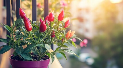 One vibrant red chili pepper plant growing in a minimal modern pot on a balcony background.