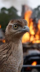 Portrait of a Crested Caracara Staring Ahead Against Background of Flames and Warm Colors