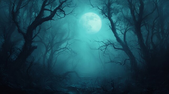 A dark forest with a full moon in the sky