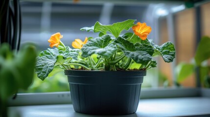 One zucchini plant in a recycled pot with visible leaves and blossoms, eco-friendly setup.