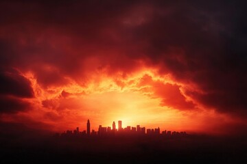 Fiery cityscape silhouette against dramatic sky