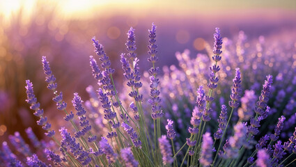 Vibrant lavender blooms in golden sunset light