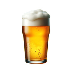A clear pint glass brimming with golden beer and a creamy foam top isolate on White background
