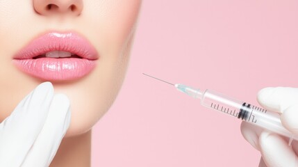 Close-up of a woman’s lips and chin during a cosmetic lip filler procedure with syringe and gloved hands on soft pink background. Ideal for beauty clinics, aesthetic treatments, or skincare ads..