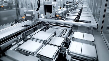 Production Line Precision: A modern factory setting showcasing the efficiency and intricate workings of a production line, highlighting automated processes and technological prowess.