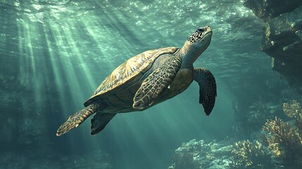 Obraz premium Ancient sea turtle gracefully gliding over coral cliffs gentle ocean currents sunlight beams no human no labelling no logo