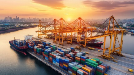 Shipping containers stacked high at an industrial port terminal.