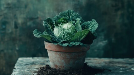 Single cabbage growing tightly in a pot with mulch base, ideal for farm-to-table concept.
