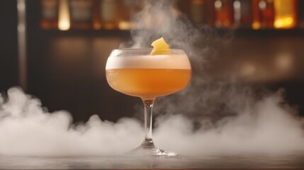 Signature dram shop cocktail being served in a smoked glass