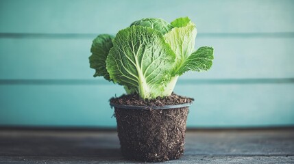 Single cabbage growing tightly in a pot with mulch base, ideal for farm-to-table concept.