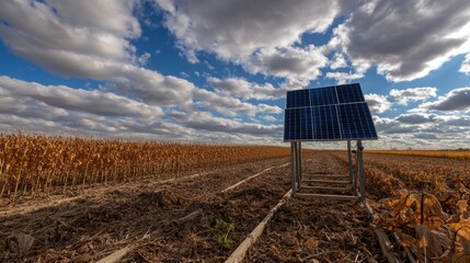 Solar-powered crop monitoring station standing alone in field.