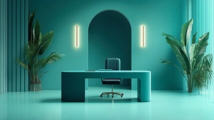 Teal desk with teal walls and floor, all in a soft matte finish for a modern color-block style.