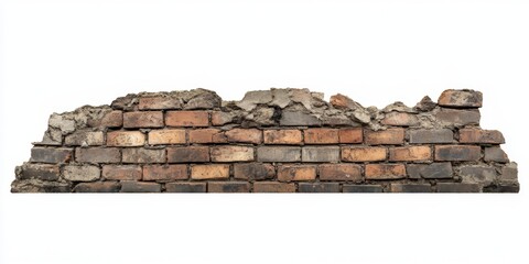 Obraz premium Ruined brick wall section, showing varied brick colors and mortar deterioration