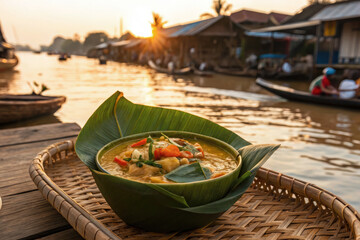 Enjoying Cambodian amok trey coconut fish curry by the riverside during sunset