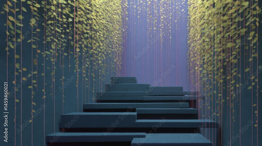 Poster set of stairs leading up to the top of a staircase. the stairs are made of dark blue stone and are a