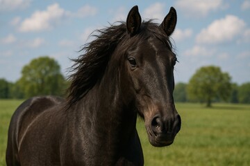 Obraz premium Black horse on a green pasture 
