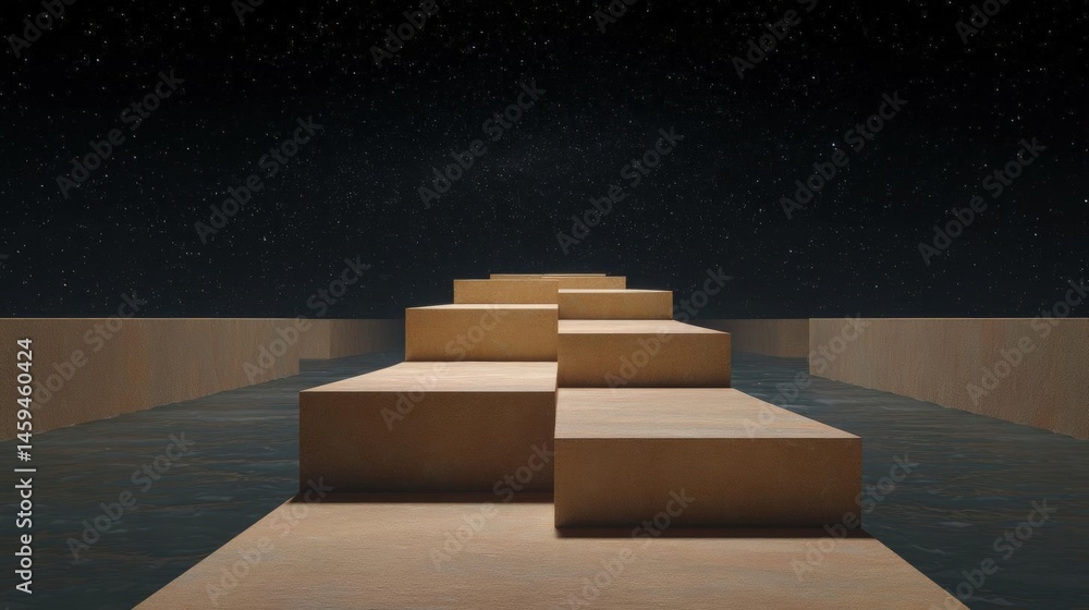 Poster long, narrow pathway made of concrete blocks that are arranged in a way that creates a sense of dept