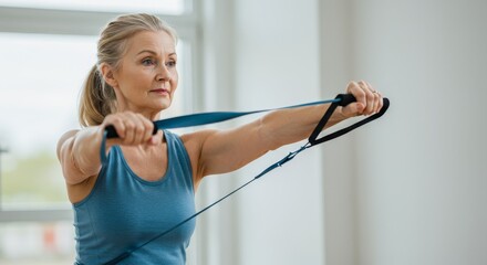 Senior Woman Fitness Exercise Routine - A healthy senior woman performs a fitness exercise using resistance bands. She is focused and determined