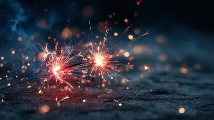 Fototapeta premium Red and blue sparklers glow with golden embers, soft fireworks in the distance. Celebrating Fourth of July with vibrant lights and vintage charm. 