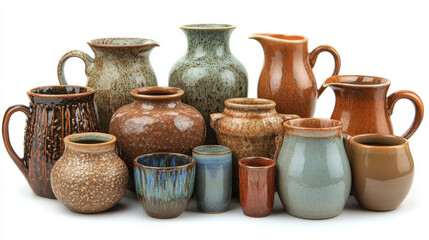 A diverse collection of brown ceramic pitchers and mugs of various shapes and sizes arranged together
