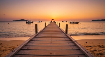 Naklejka premium Serene Sunset Pier - Tranquil sunset view over calm ocean waters, wooden pier extending towards a distant horizon, small boats gently bobbing
