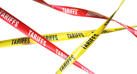 Red and yellow barrier tapes with the word tariffs 3d