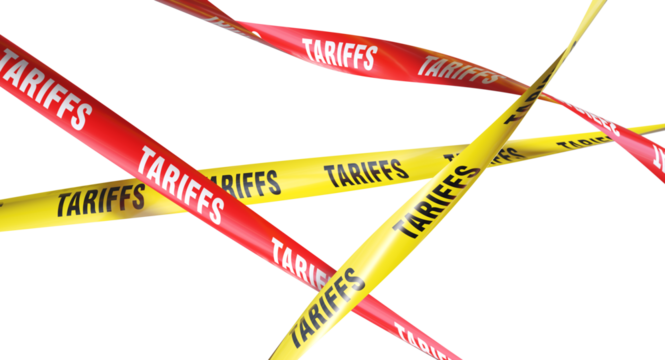 Red and yellow barrier tapes with the word tariffs 3d