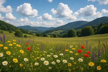 Fototapeta premium Flowering meadow among the mountains 
