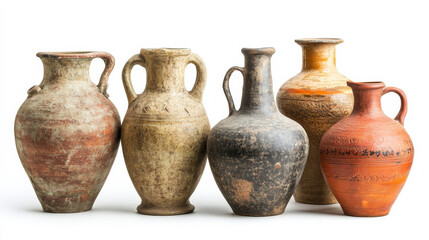 A set of antique amphorae and clay jugs used historically for drinks, isolated on white