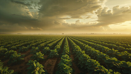 Lush green field under dramatic cloudy sky