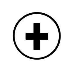 Obraz premium Plus symbol inside circle icon representing medical help, positive action, or addition in black silhouette style