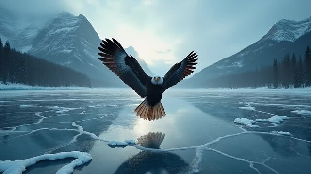 Majestic eagle soaring above frozen lake