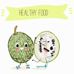 A fig leaf gourd (Cucurbita ficifolia), fruit, vegetable funny character. Vector hand drawn illistration.