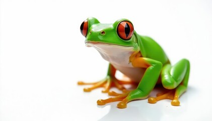 Obraz premium Green tree frog perched on white, vibrant skin, tropical, wildlife photography