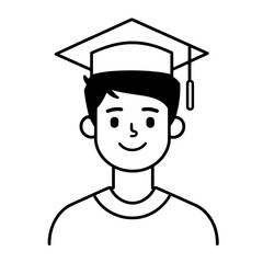 Male graduate icon in outline style with mortarboard cap symbolizing education, achievement, and student success